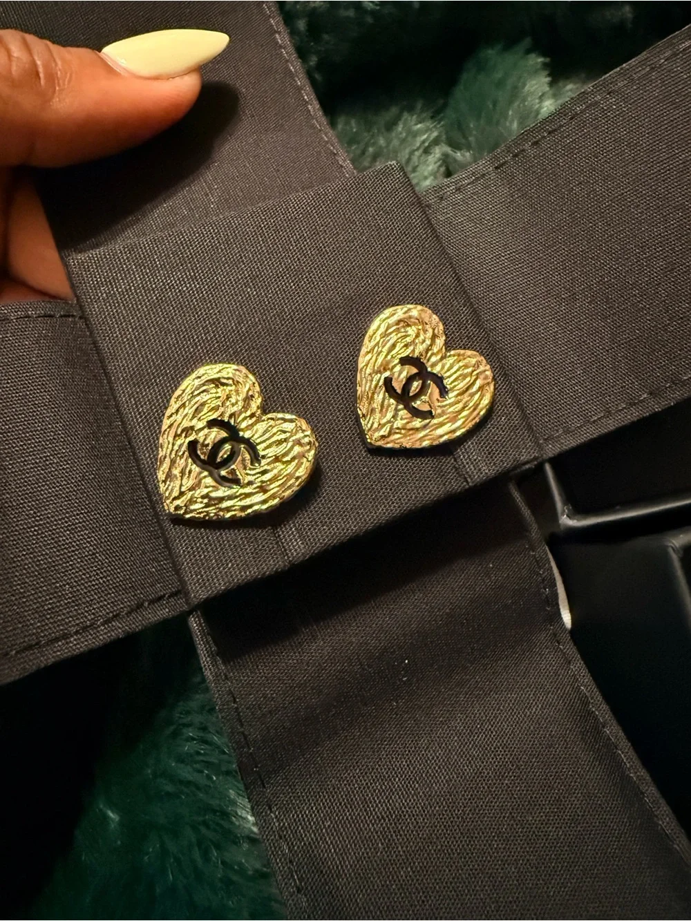 CHANEL Metal Enamel CC Heart Earrings Gold Black